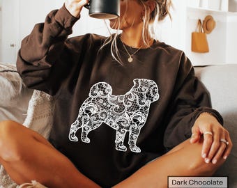 Pug Sweatshirt Printed Lace Silhouette Graphic Puggy Mom Sweater Dog Lover Pullover