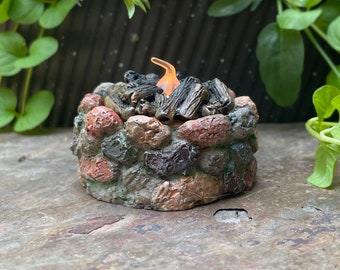 Fairy Garden Mini Firepit, Fairy Firepit with Real Light, Stone and Wood Look Miniature Campfire, Fairy Cookouts, Dollhouse Yard Accessory