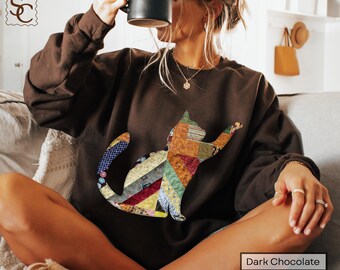 Cat Patchwork Printed Graphic Sweatshirt Cottagecore Kitty Mom Cat Lady Sweater