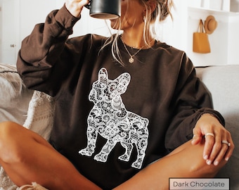 French Bulldog Sweatshirt, Printed Lace Silhouette Dog Lover Gift, Frenchie Mom Pullover