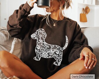 Dachshund Printed Lace Silhouette Sweatshirt Doxie Lover Pullover Weiner Dog Mom Gift