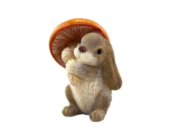 Fairy Garden Miniature Rabbit, Mini Rabbit with Mushroom, Rabbit Figurine Carrying Mushroom, Fairy Bunny Mushroom, Small Rabbit Fairy Animal