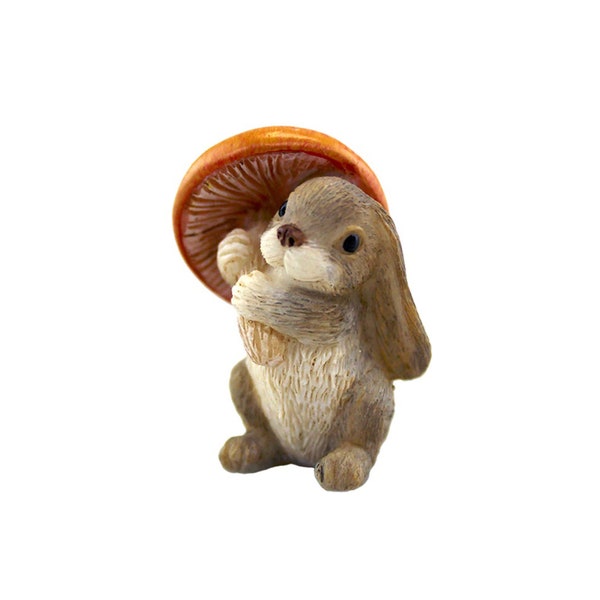 Fairy Garden Miniature Rabbit, Mini Rabbit with Mushroom, Rabbit Figurine Carrying Mushroom, Fairy Bunny Mushroom, Small Rabbit Fairy Animal