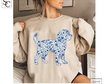 Labradoodle Blue Toile Silhouette Sweatshirt Printed Floral Graphic Doodle Dog Lover Pullover