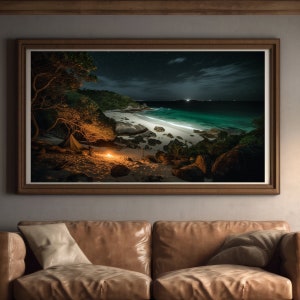 Beautiful digital image of a night beach, starry sky, bonfires on the sand, relaxing, heavenly