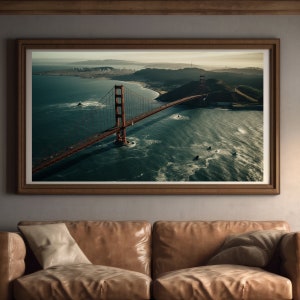 Golden Gate Bridge, digitales Foto aus der Luft mit den Wellen, die auf die Felsen schlagen