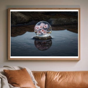 Digital cherry blossom leaves in water bubble — Printable Art