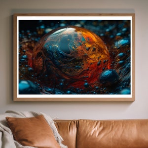 Puede incluir: Primer plano de una esfera grande, naranja y azul con patrones en espiral, rodeada de burbujas más pequeñas. La esfera parece estar hecha de líquido o vidrio.