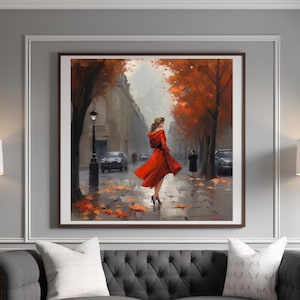 Digital painting of an elegant and beautiful woman in a red dress walking through the streets of Paris in autumn
