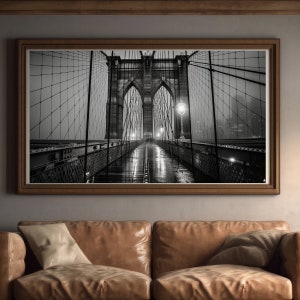 Black and white digital photo of the Brooklyn Bridge in New York.