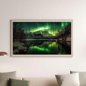 Northern lights over snowy mountain lake — Printable Art