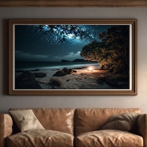 Beautiful digital image of a night beach, starry sky, bonfires on the sand, relaxing, heavenly