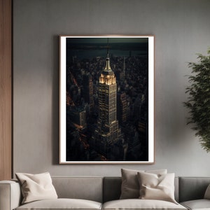 Black and white digital photo of the illuminated Empire State Building in New York.