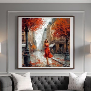 Digital painting of an elegant and beautiful woman in a red dress walking through the streets of Paris in autumn