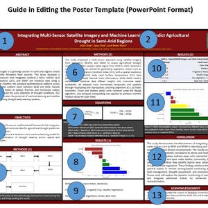 May include: A scientific poster titled "Integrating Multi-Sensor Satellite Imagery and Machine Learning to Predict Agricultural Drought in Semi-Arid Regions." The poster includes charts, graphs, and text boxes detailing research methods, results, and conclusions. The poster is on a white background with red and blue accents.