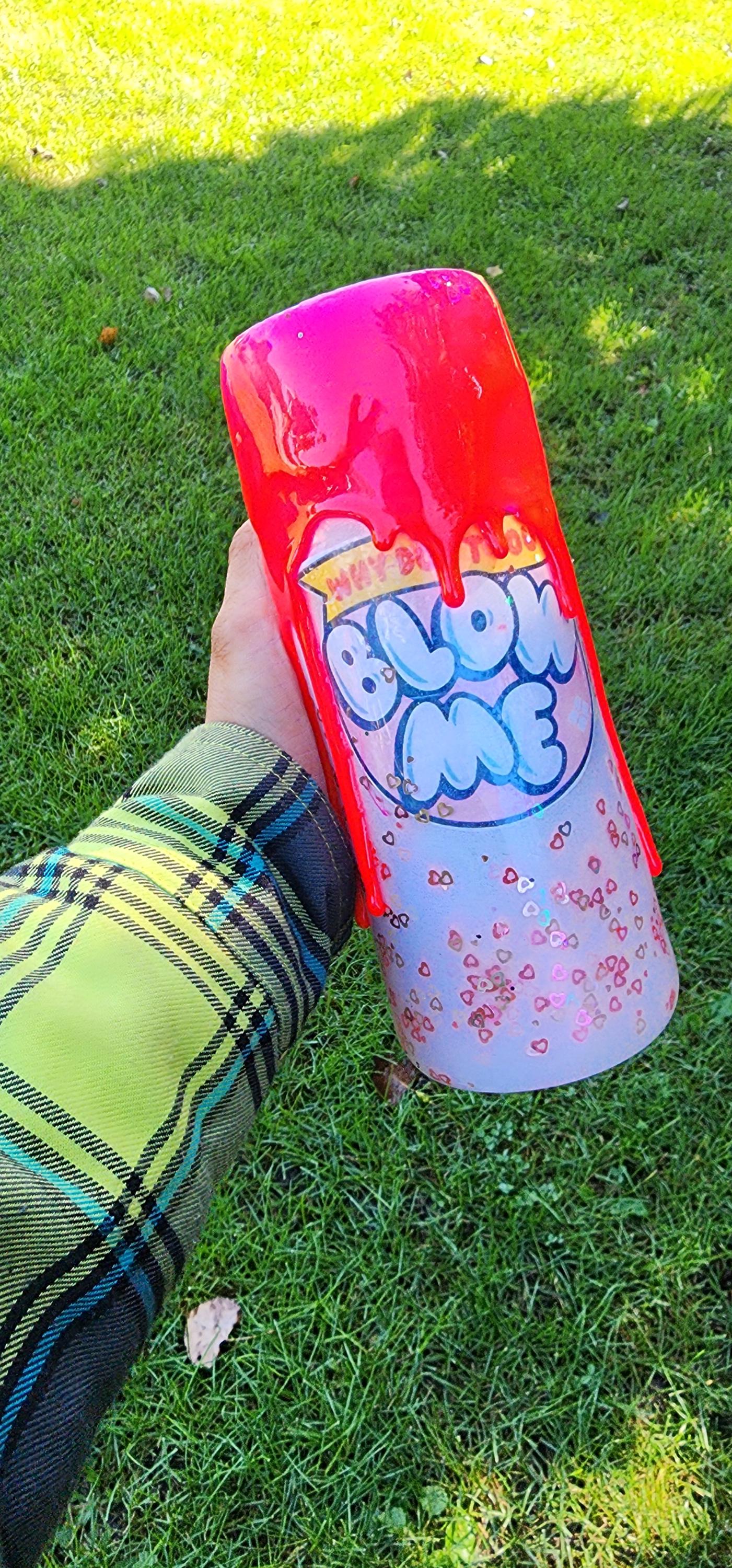 Funny Bubble Gum Wrapper Tumbler: Hot Pink Glitter Drip Epoxy Cup - Thumbnail 4