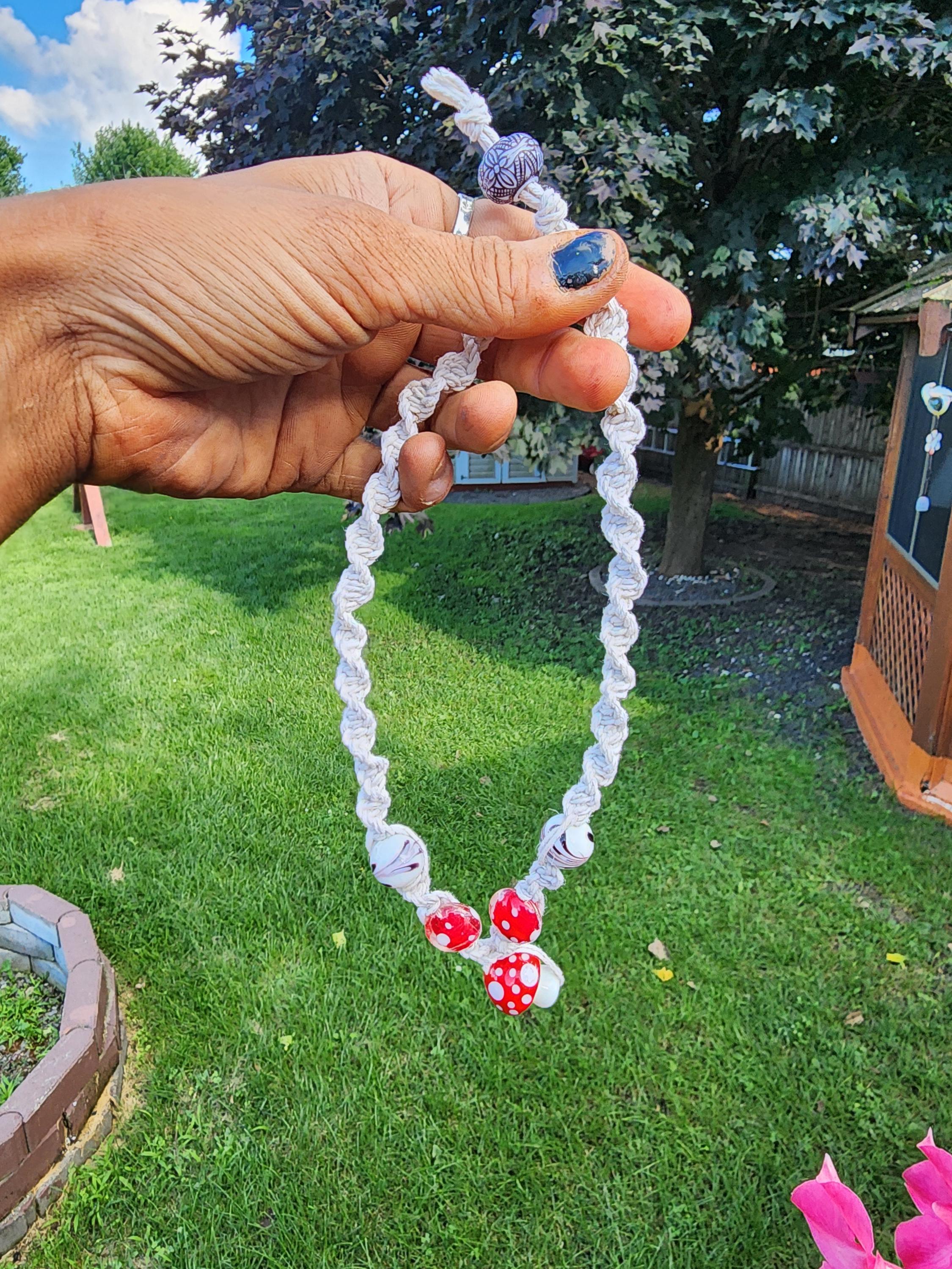 Handmade Hemp Mushroom Necklace with Glass Beads - Thumbnail 6