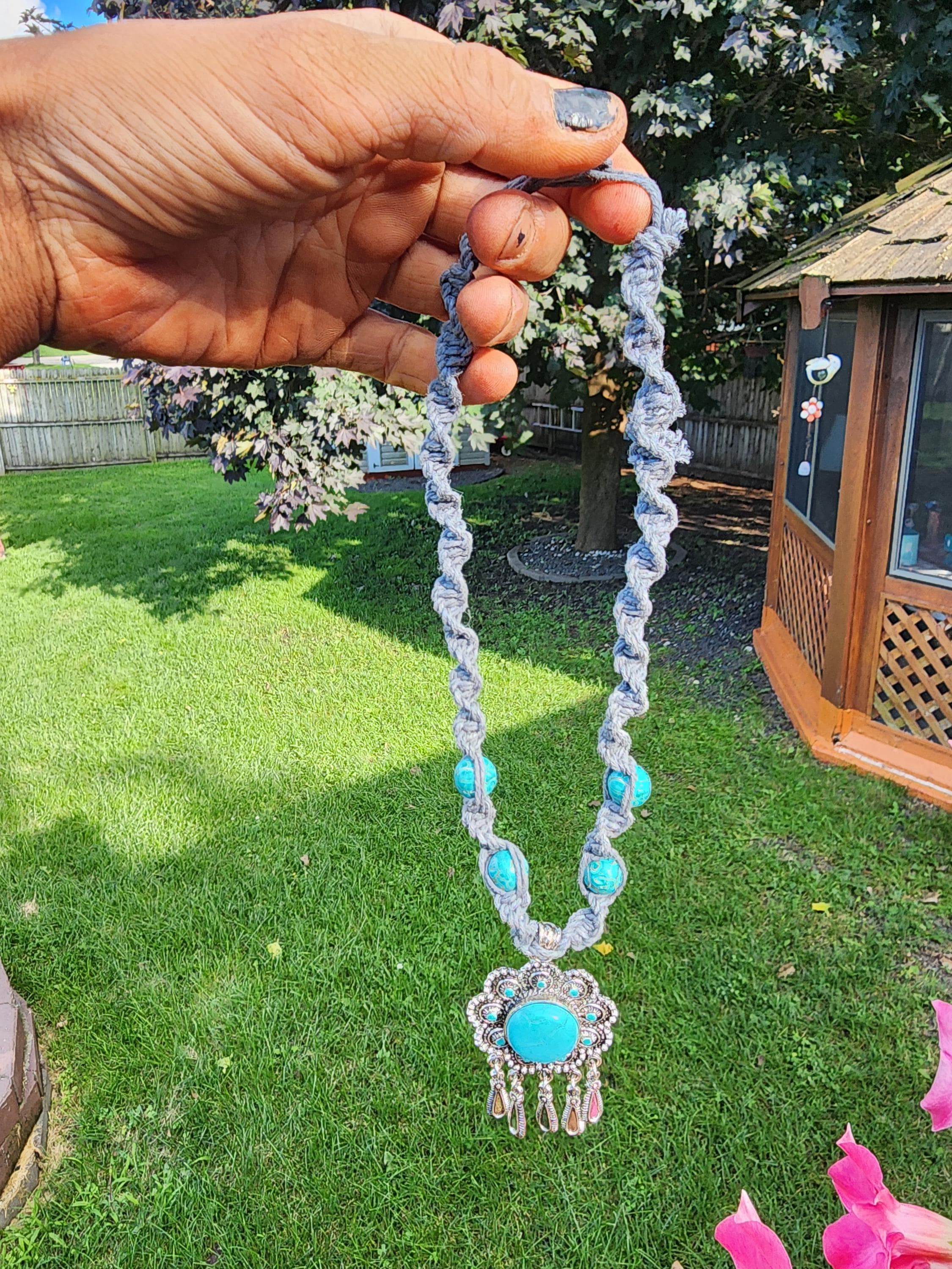 Handmade Hemp Necklace with Turquoise Pendant - Thumbnail 2