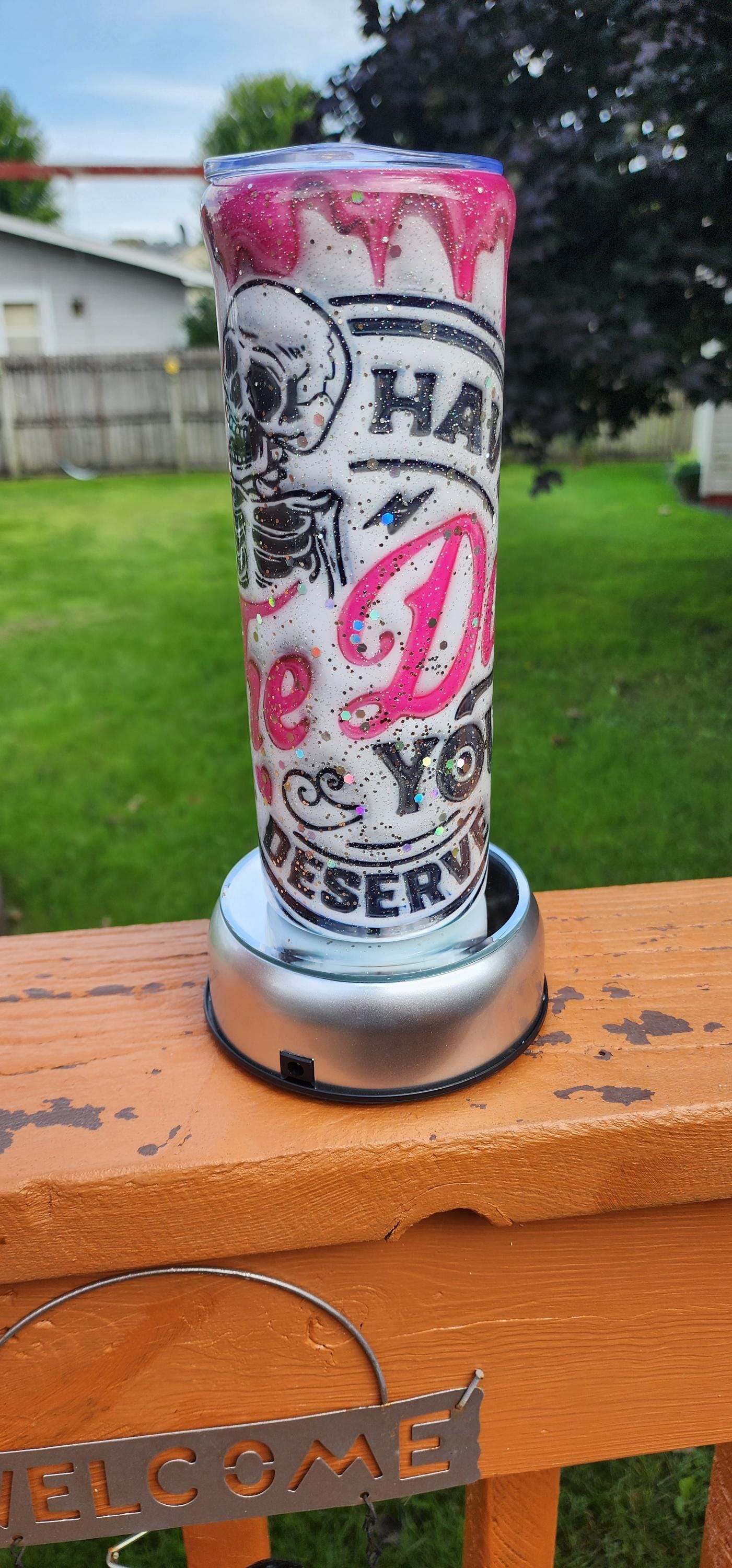 Skull Epoxy Tumbler: Pink & White Glitter 20oz Stainless Steel Cup - Thumbnail 7