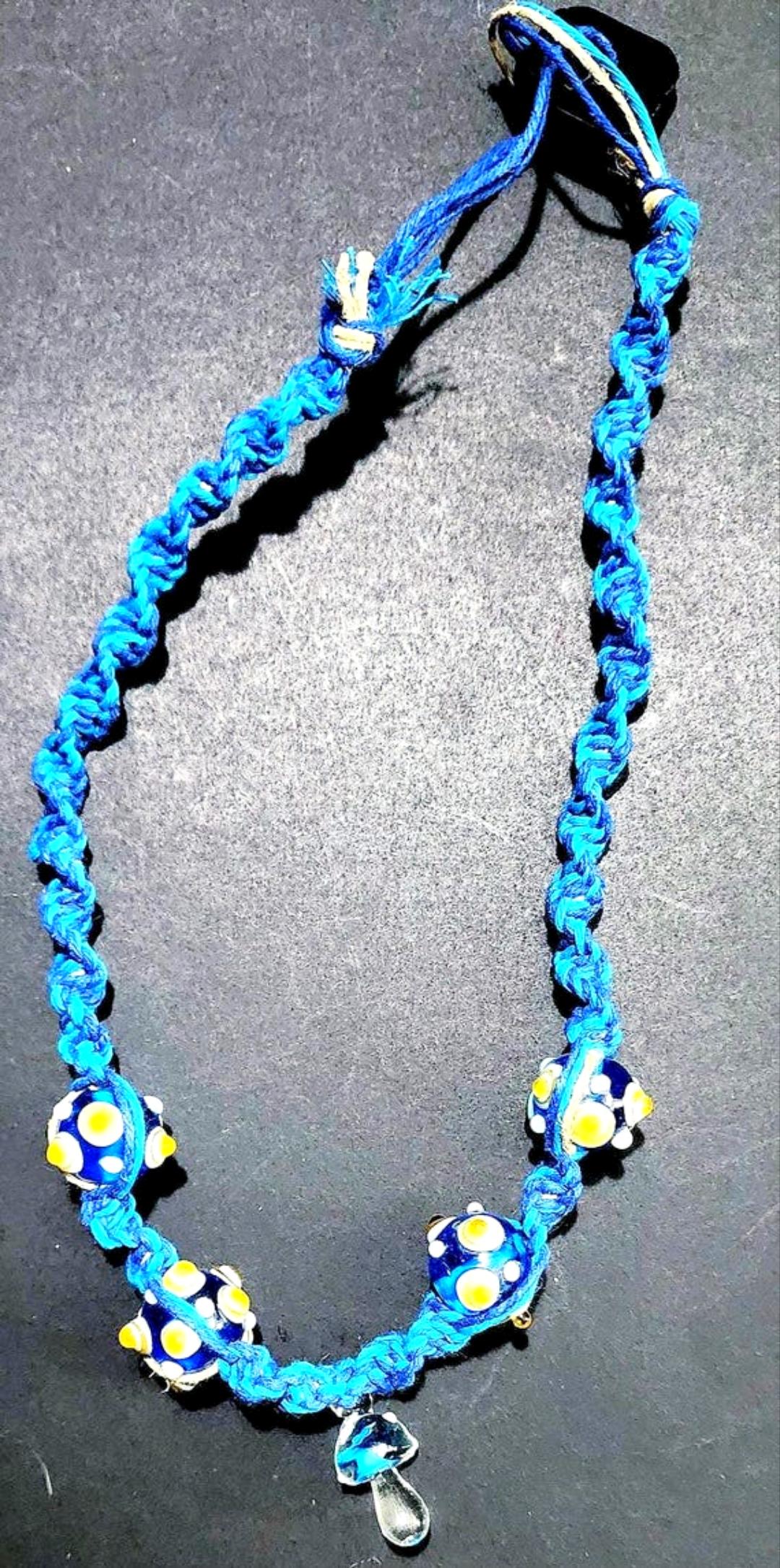 Handmade Blue Hemp Necklace: Glass Mushroom Bead - Thumbnail 2