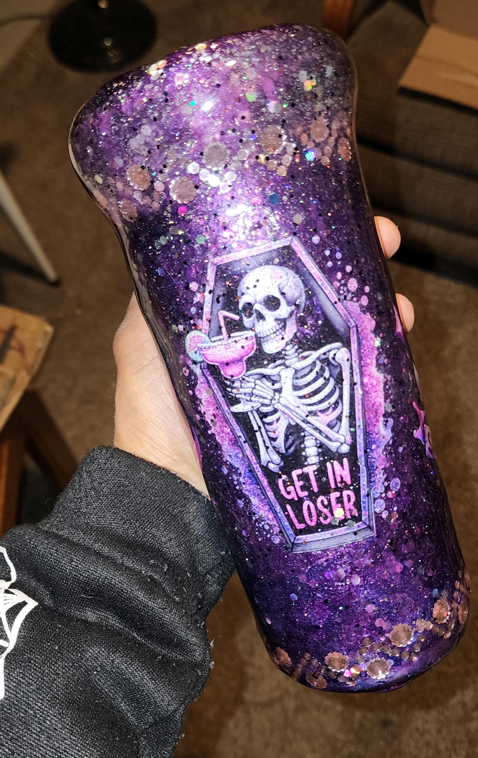 Purple Glitter Skeleton Tumbler: Spooky Goth Drinkware - Thumbnail 6