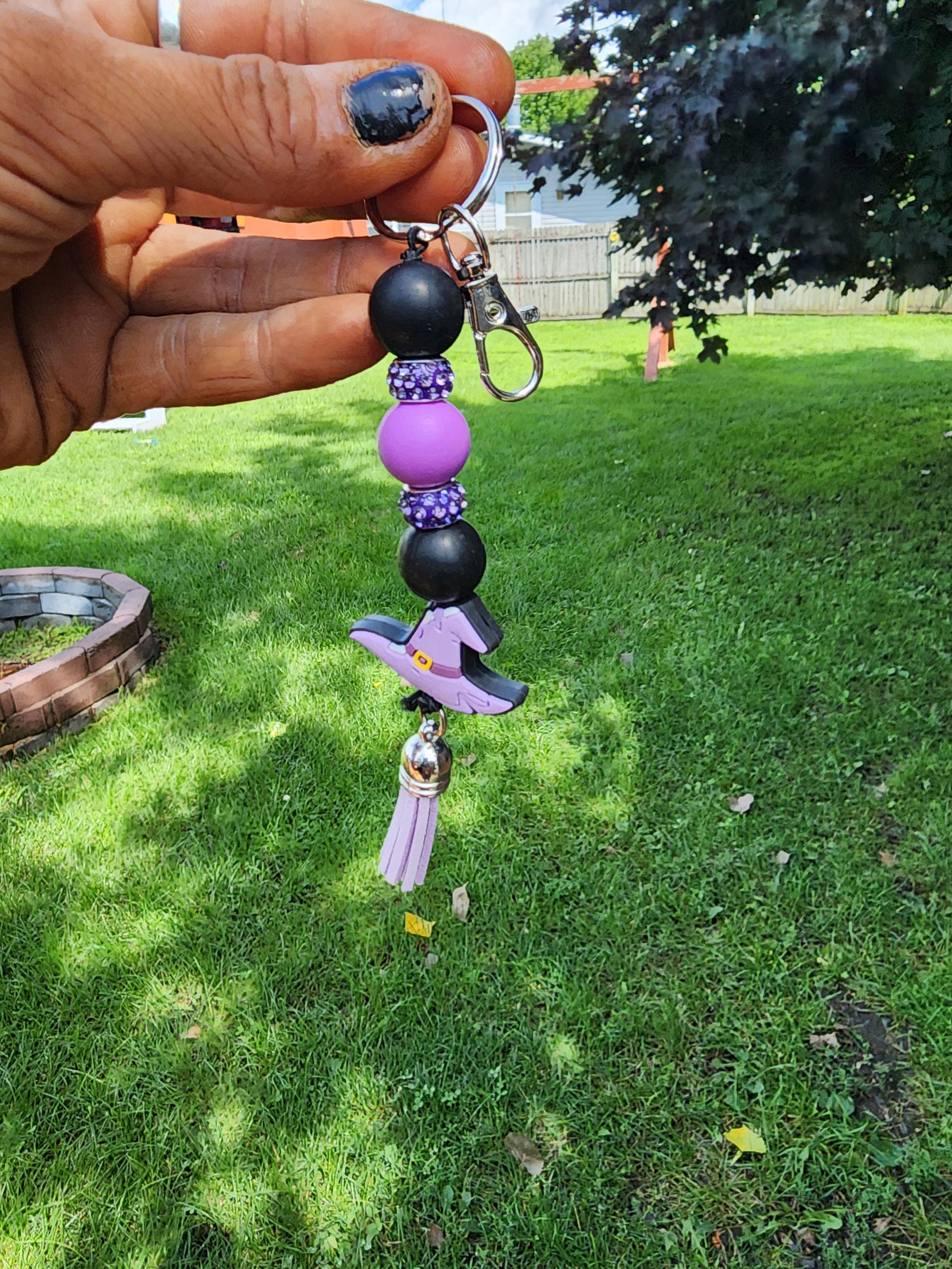 Witch Hat Beaded Keychain: Purple Rhinestone Glam Bag Charm - Thumbnail 2
