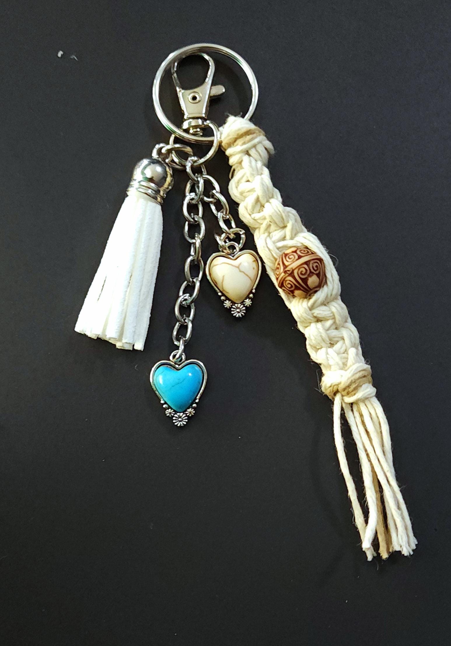 Hemp Keychain with Tassel and Heart Charms - Thumbnail 2