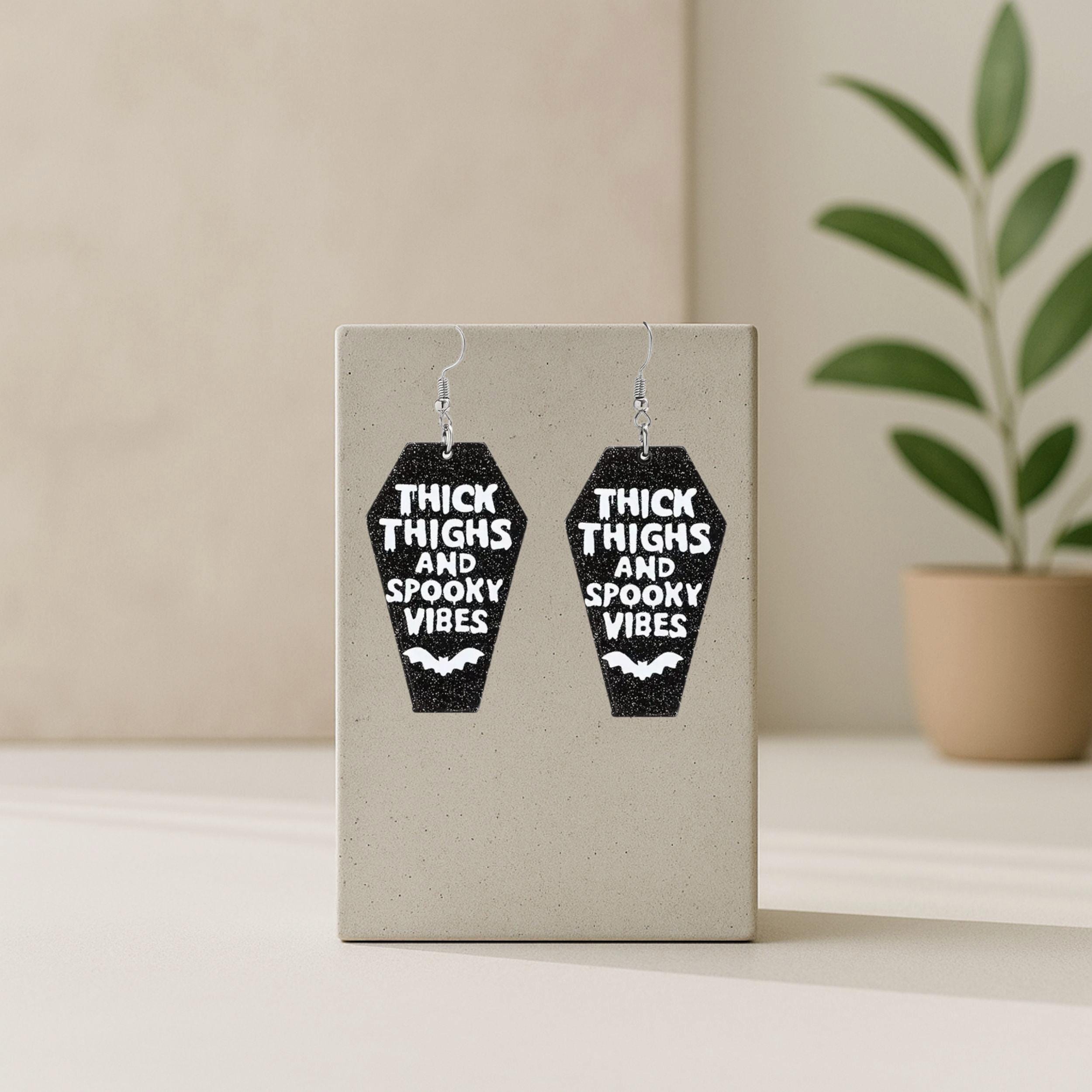 Coffin Halloween Earrings: Thick Thighs Spooky Vibes, Black Acrylic - Thumbnail 4