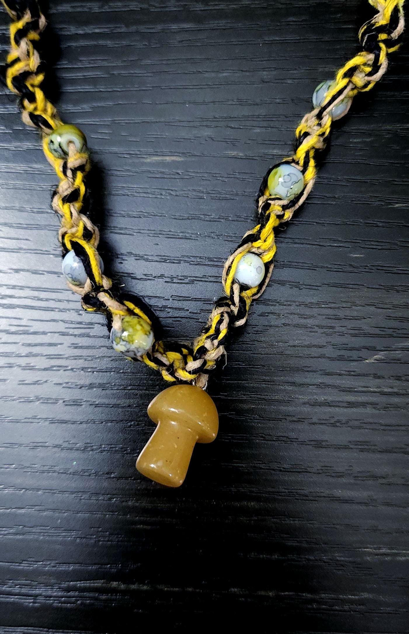 Hemp Necklace with Yellow Glass Mushroom Bead - Ecofriendly Black, White & Yellow Boho Jewelry for Men and Women - Thumbnail 3