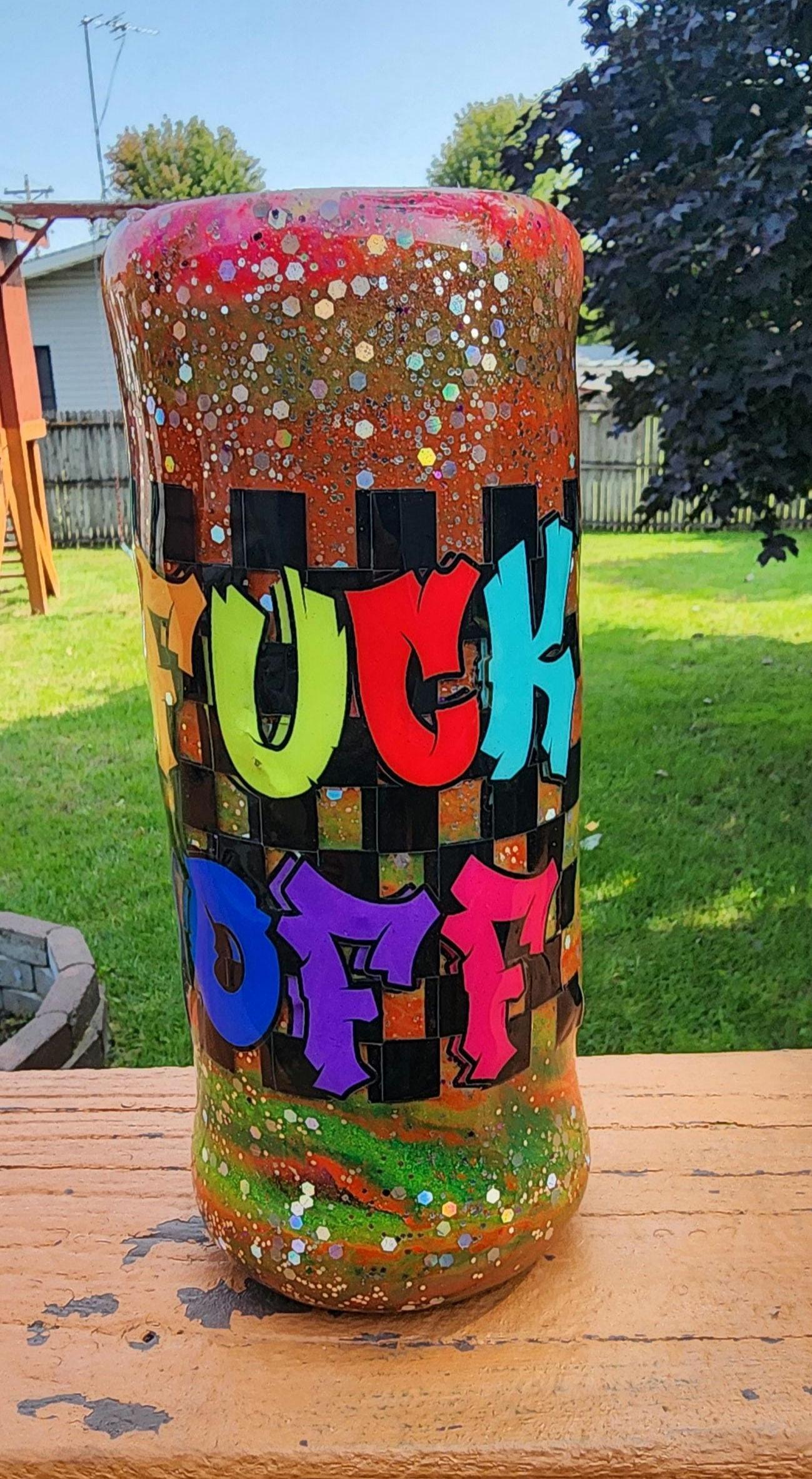 Tie-Dye Attitude Cup – Orange, Pink & Green Glitter Epoxy Tumbler | ‘Fuck Off’ Custom Drinkware - Thumbnail 4