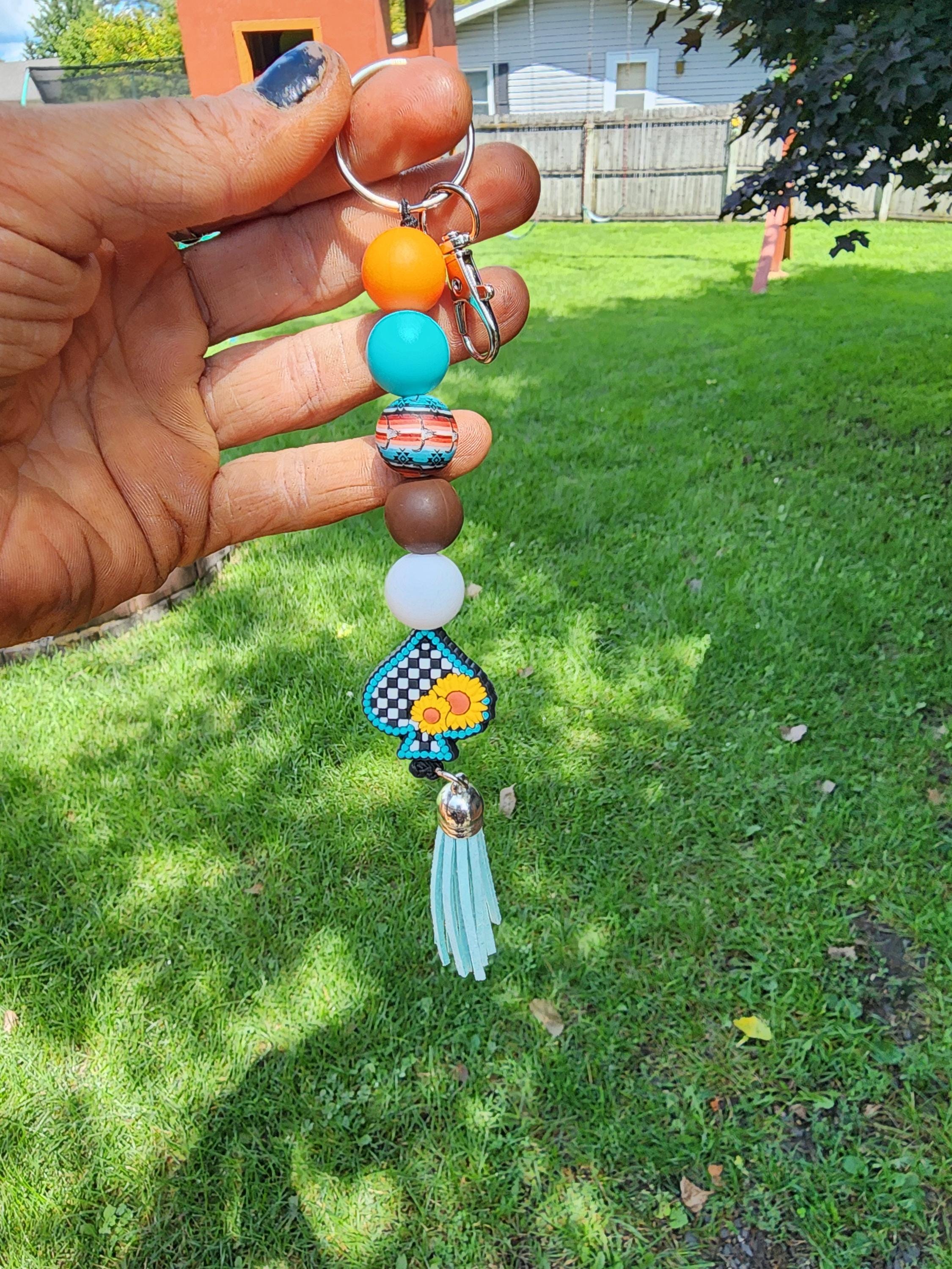 Beaded Keychain: Checkered Spade Charm, Retro Orange Teal Brown - Thumbnail 4