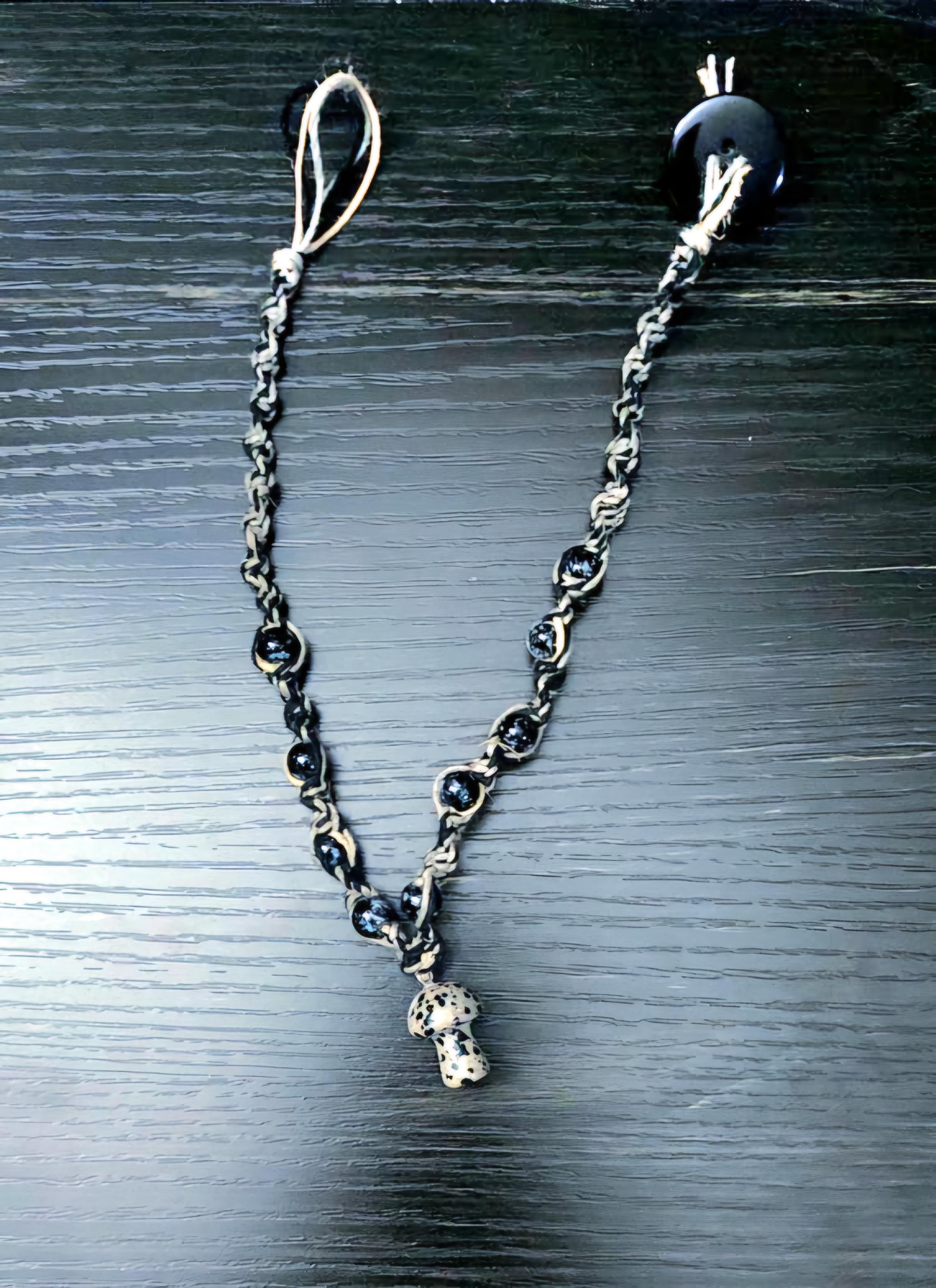 Handmade Hemp Necklace: Tan & Black Cord with Glass Mushroom Bead - Thumbnail 7