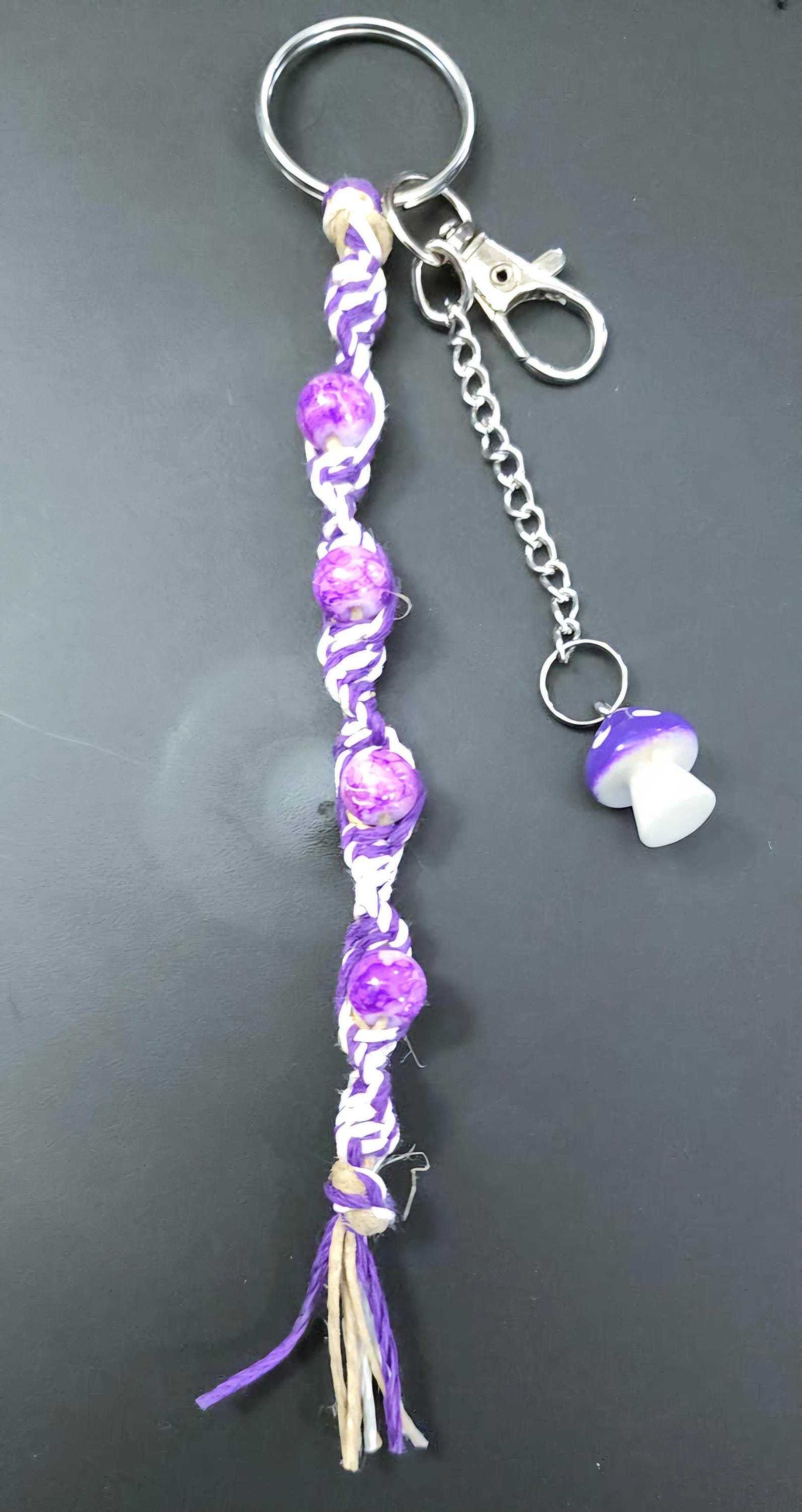 Handmade Hemp Keychain: Purple Mushroom Bead, Glass Beads