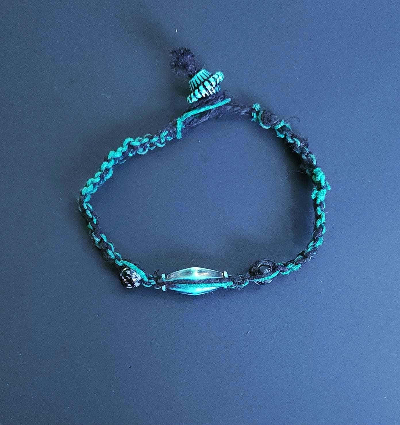 Handmade Teal Hemp Bracelet with Glass Beads
