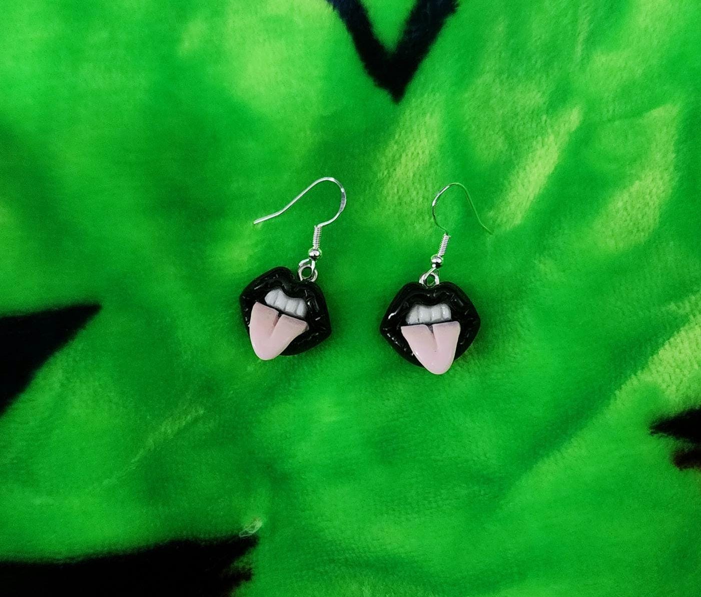 Goth Tongue Out Earrings: Handmade Polymer Clay, Edgy Jewelry - Thumbnail 3