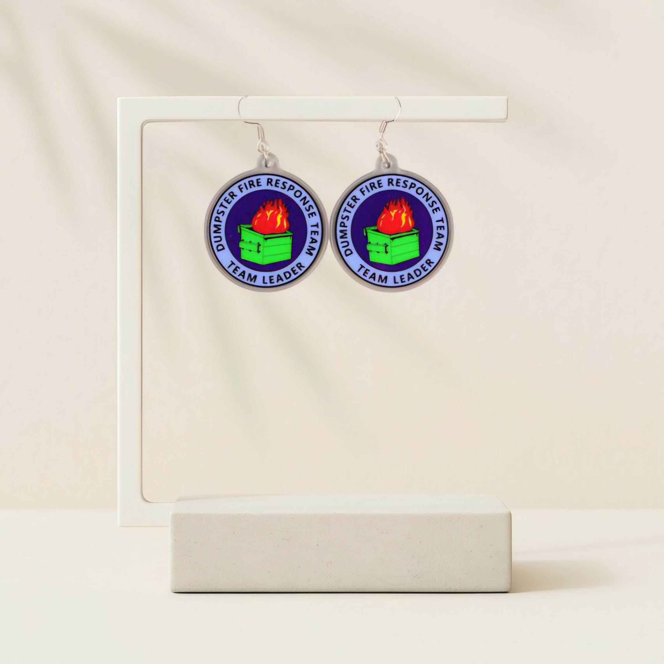 Dumpster Fire Response Team Earrings: Funny Acrylic Dangle Jewelry - Thumbnail 7