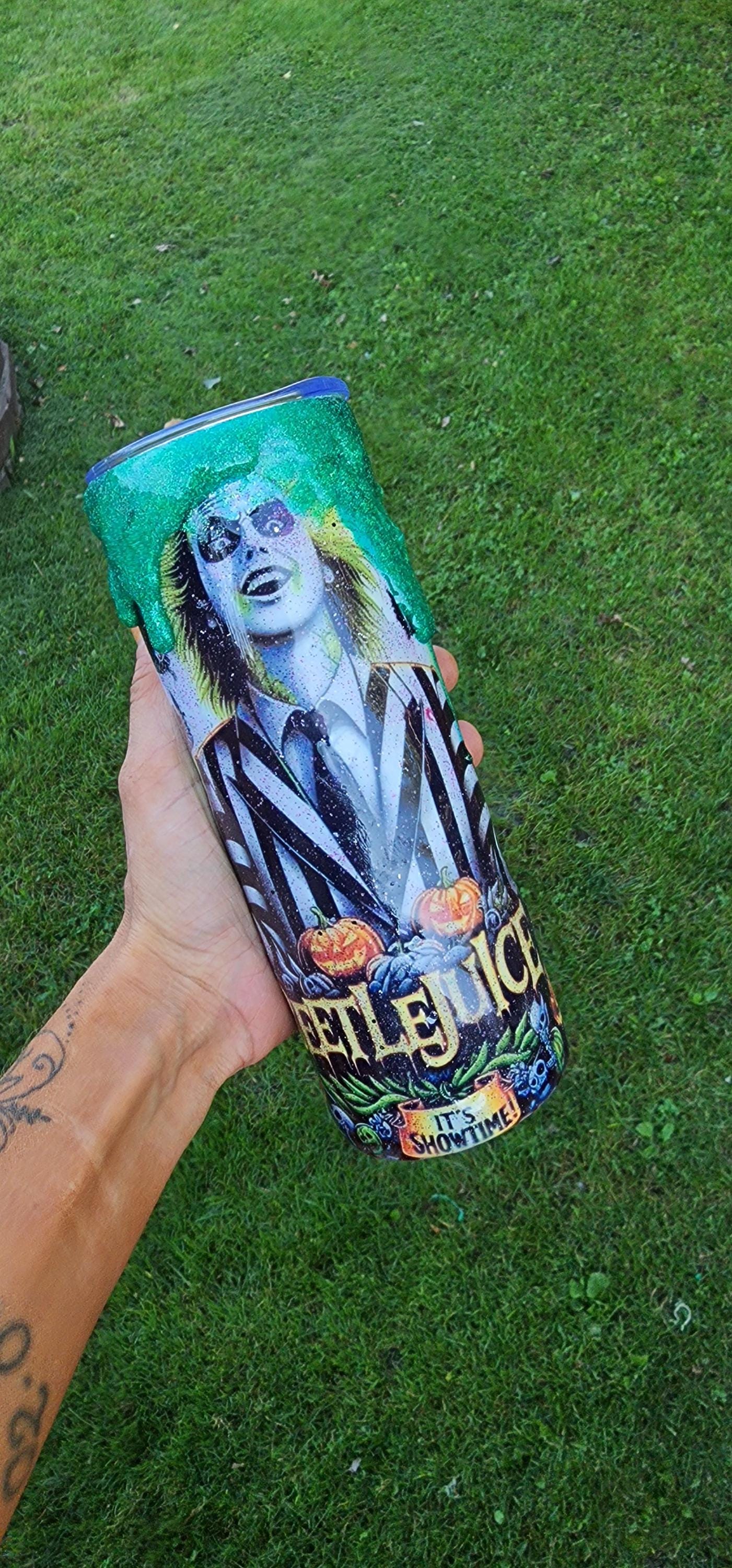 Never Trust the Living Beetlejuice Tumbler – 20oz Spooky Epoxy Drip Cup | Handmade Halloween Horror Drinkware - Thumbnail 4