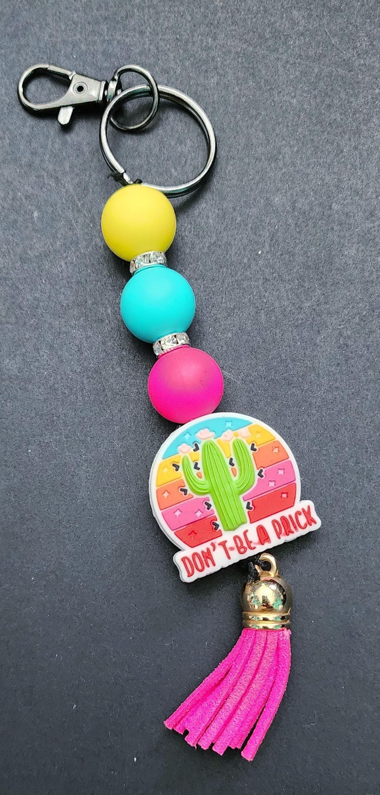 Beaded Keychain: Sassy Cactus Tassel Keyring, "Don't Be A Prick" - Thumbnail 3