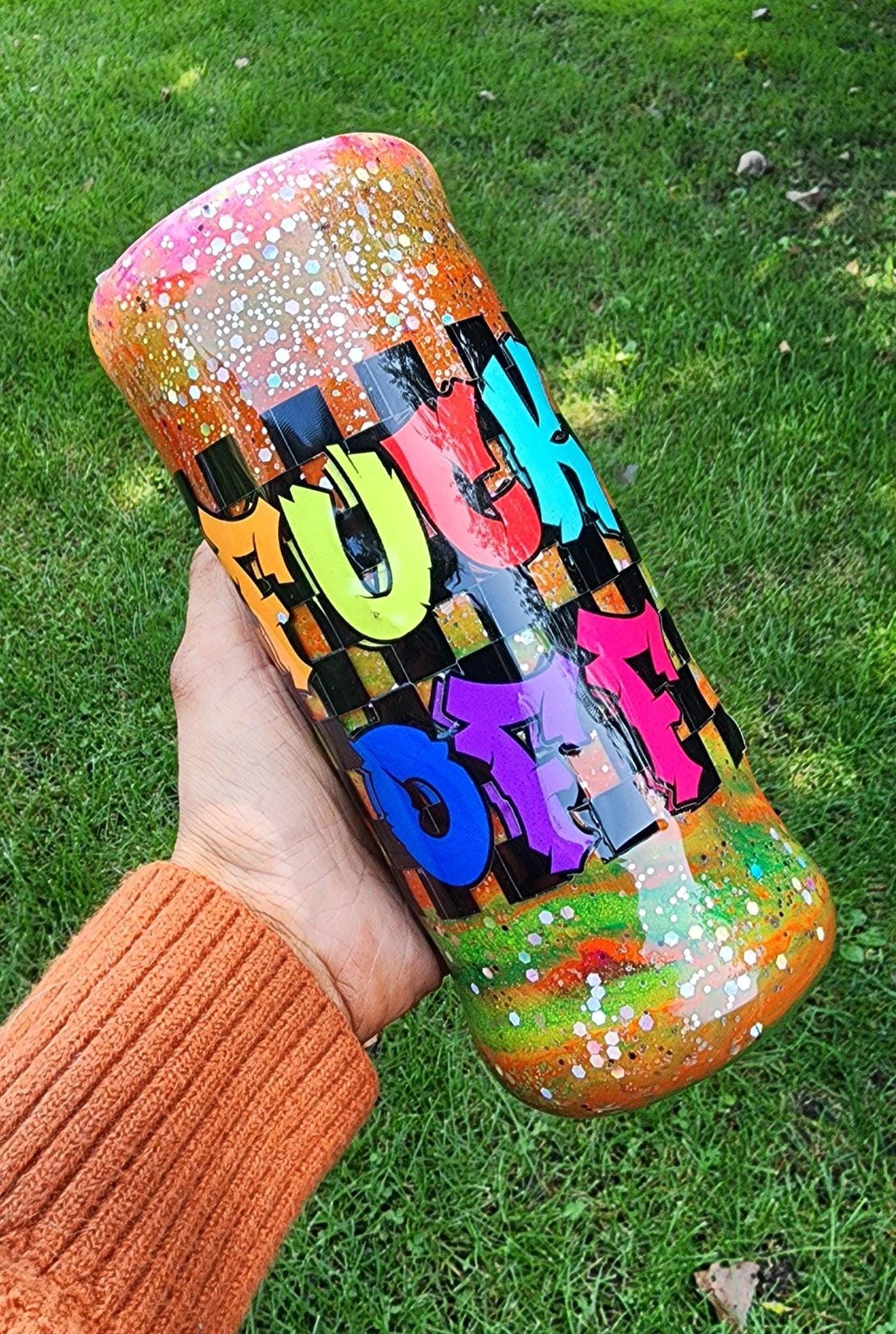 Tie-Dye Attitude Cup – Orange, Pink & Green Glitter Epoxy Tumbler | ‘Fuck Off’ Custom Drinkware - Thumbnail 6