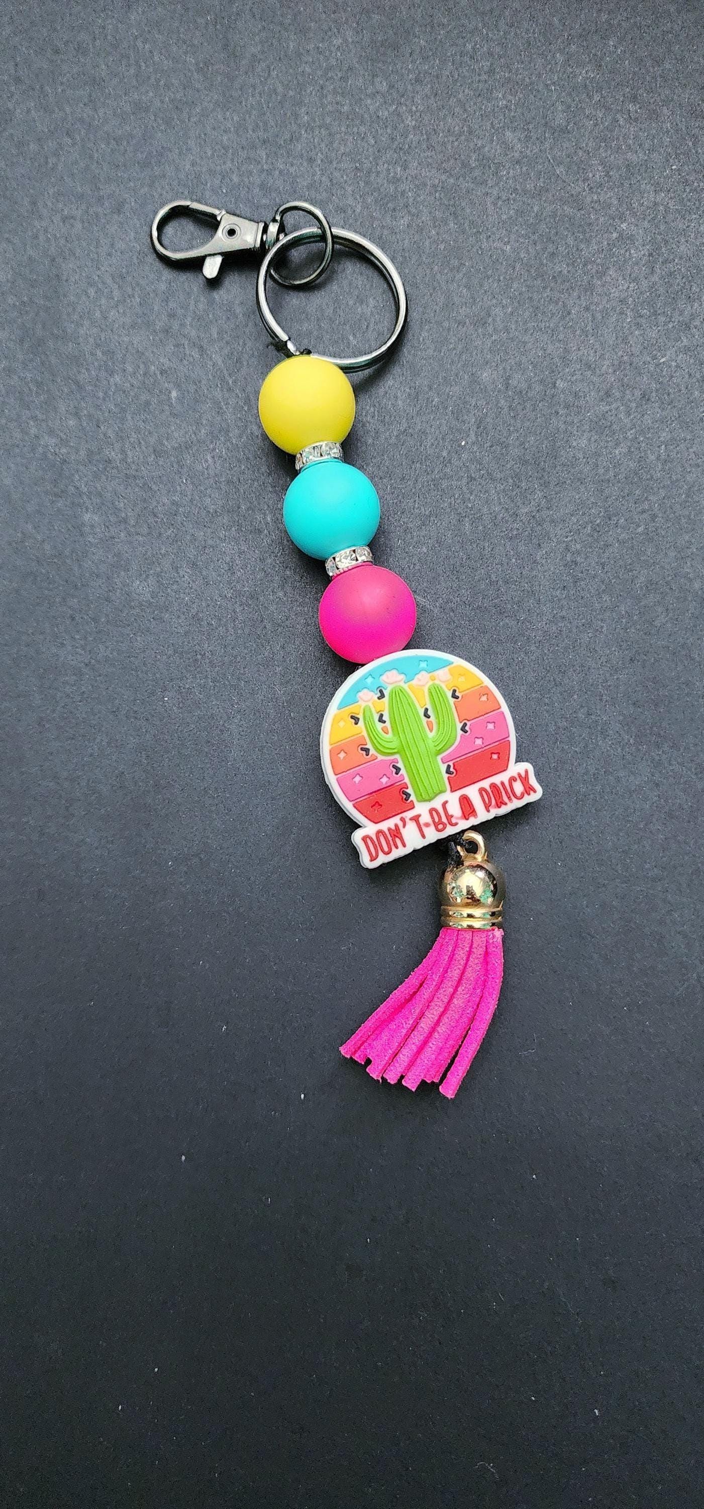 Beaded Keychain: Sassy Cactus Tassel Keyring, "Don't Be A Prick" - Thumbnail 2