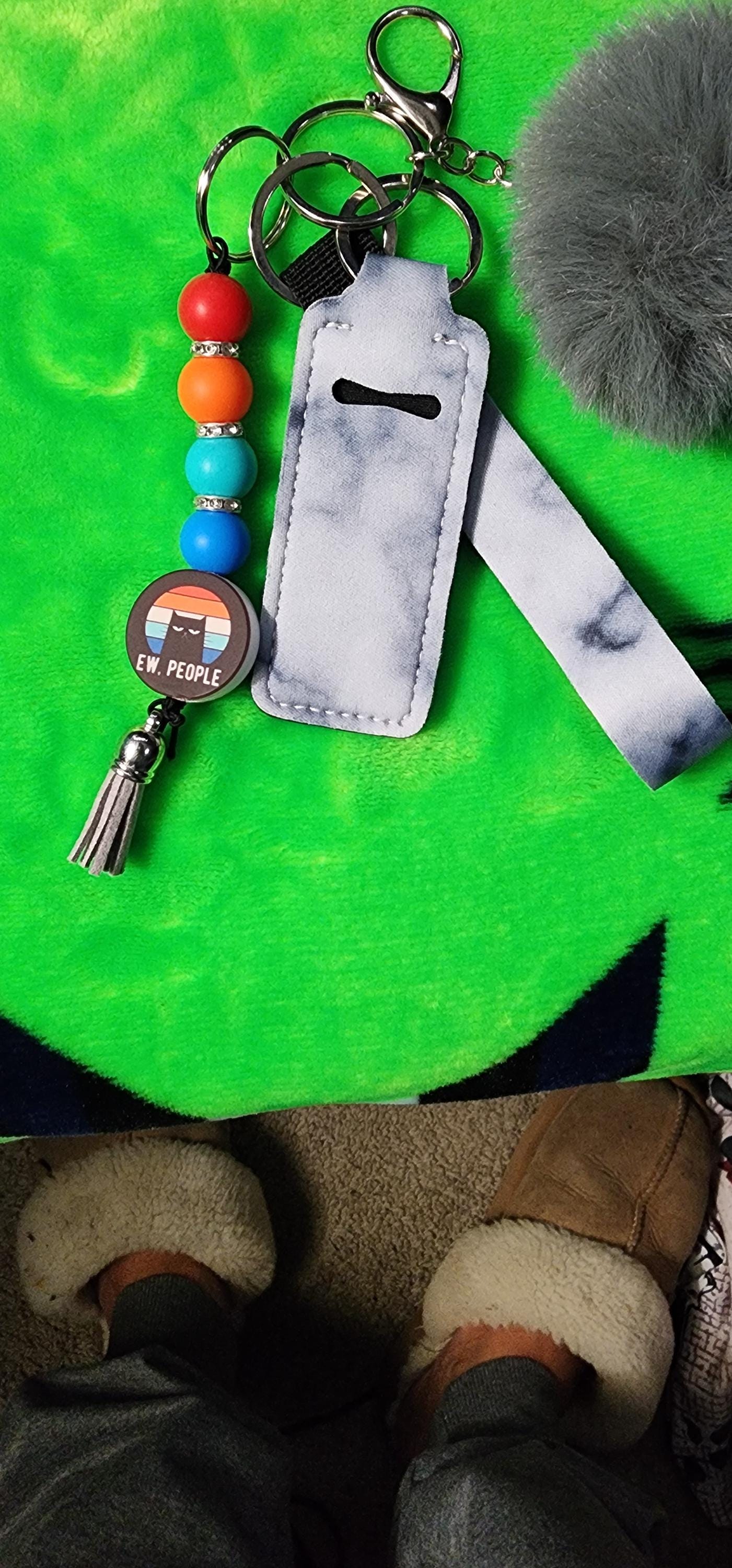 Ew People Cat Keychain Set | Funny Cat Lover Keychain with Pom, Lanyard & Hand Sanitizer Holder | Sassy Anti-Social Energy - Thumbnail 6