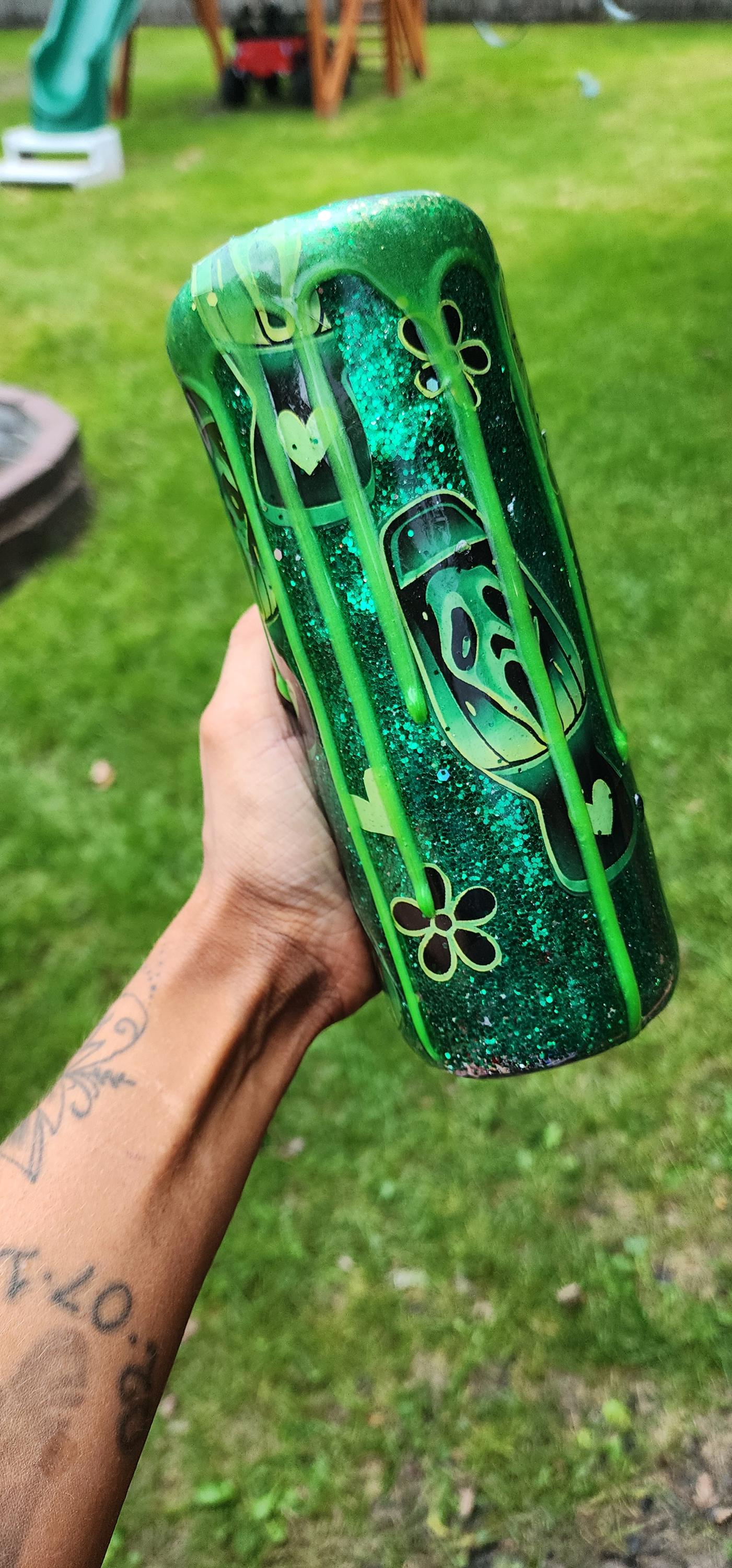 Green Glitter Ghost Face Tumbler: Spooky Drip Lava Lamp Cup - Thumbnail 7