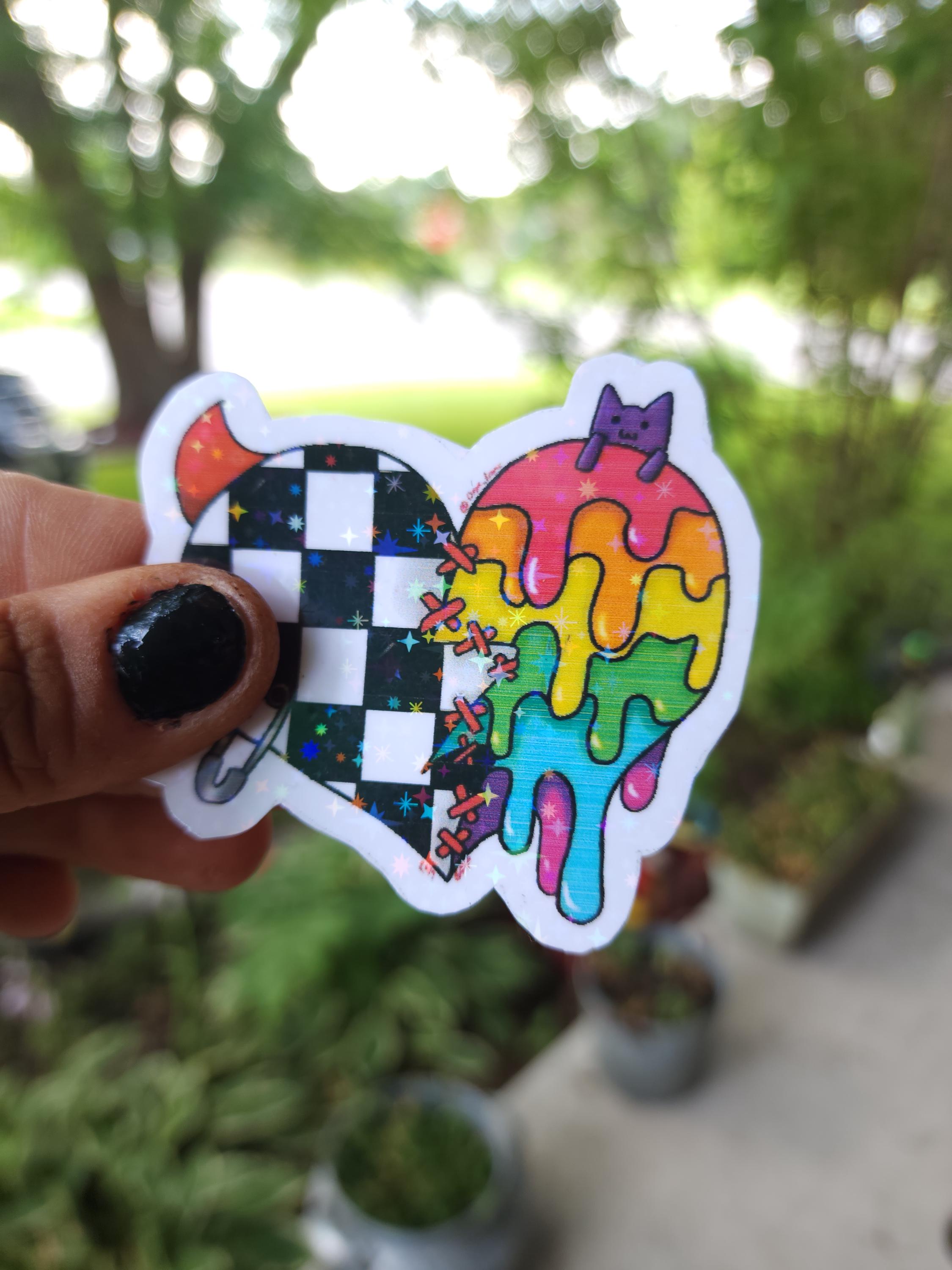 Broken Heart Vinyl Sticker: Punky Checkered Design with Stitches - Thumbnail 4