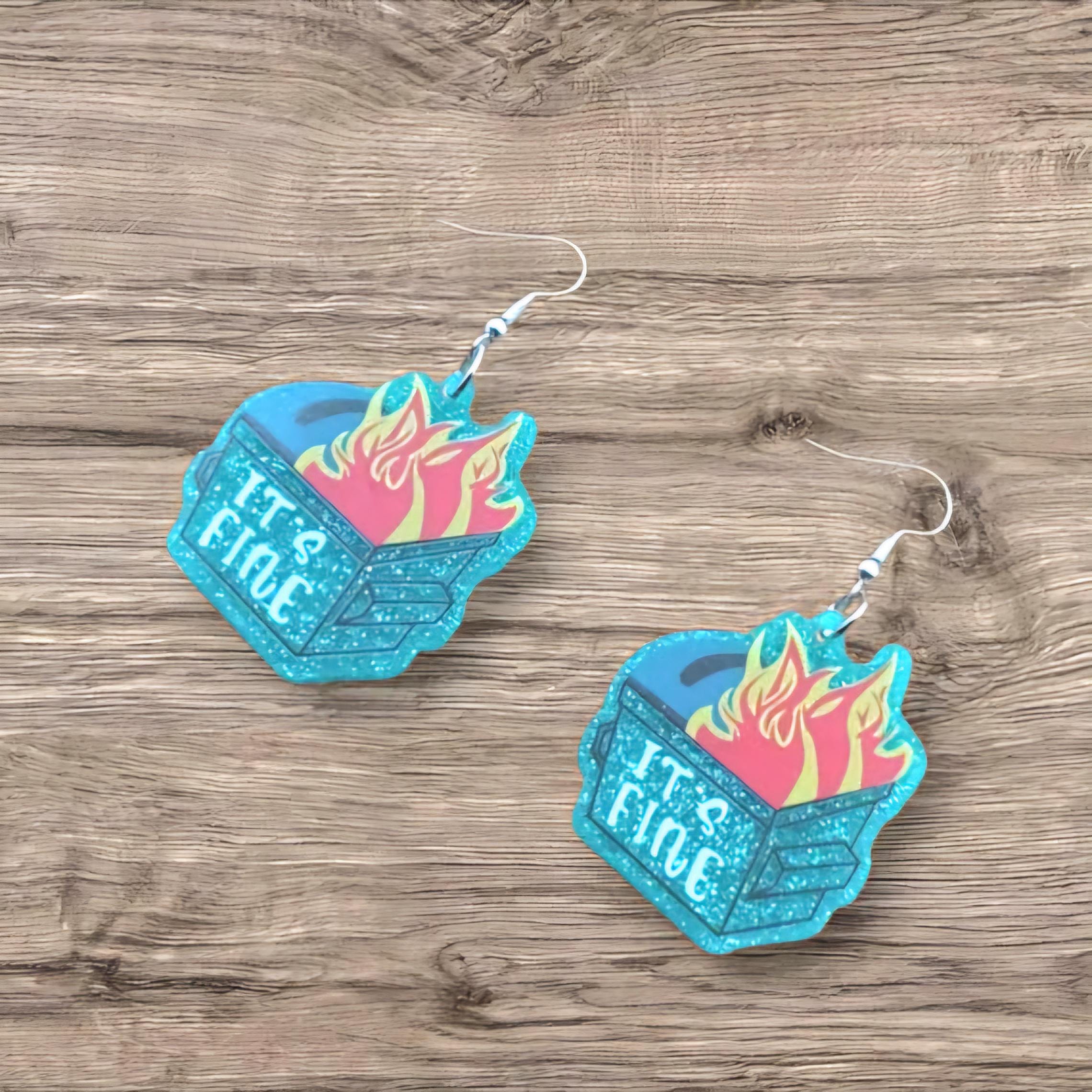 Glittery Blue Dumpster Fire Dangle Earrings – “I’m Fine” – Because Chaos Looks Better with Sparkle - Thumbnail 3