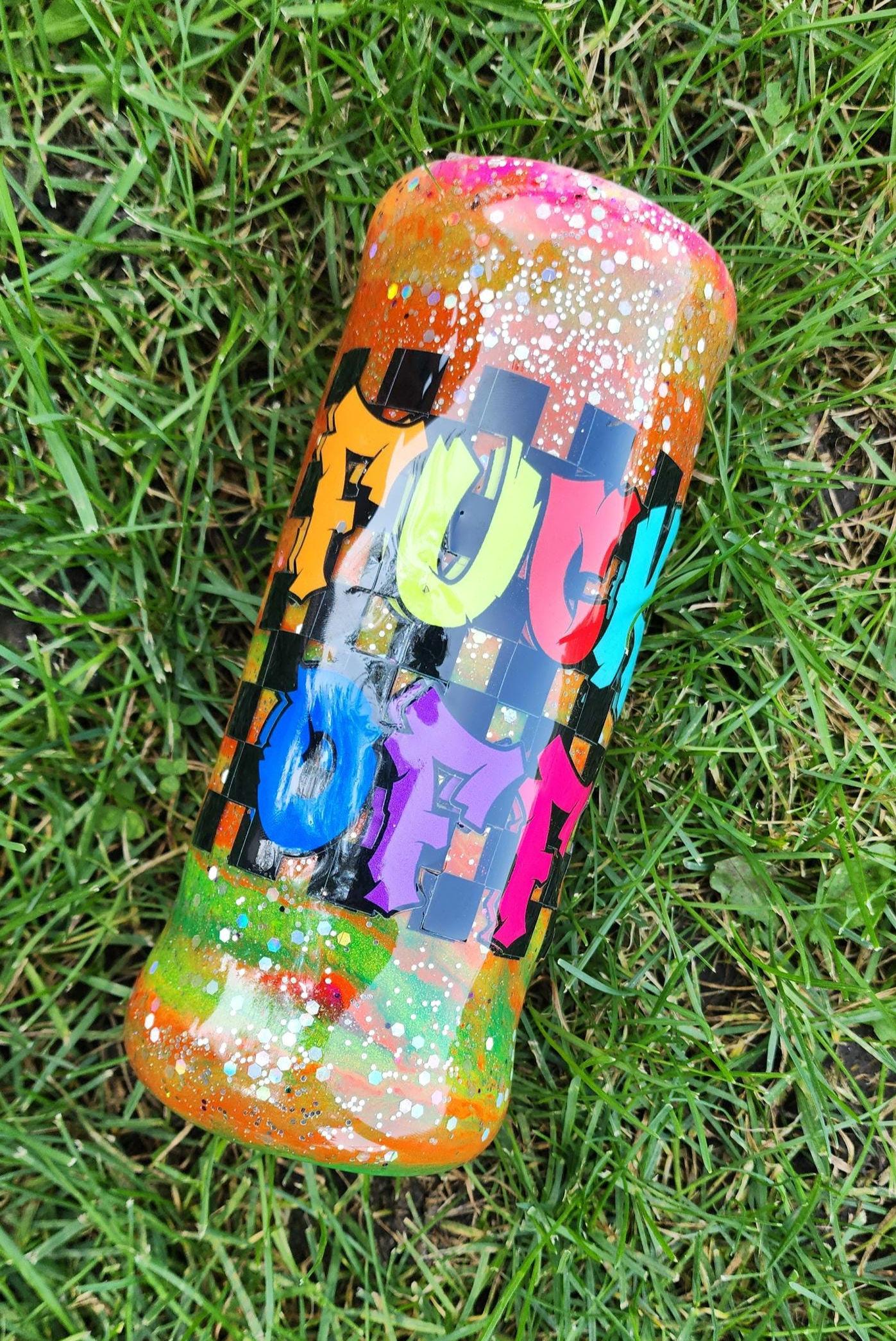 Tie-Dye Attitude Cup – Orange, Pink & Green Glitter Epoxy Tumbler | ‘Fuck Off’ Custom Drinkware - Thumbnail 2