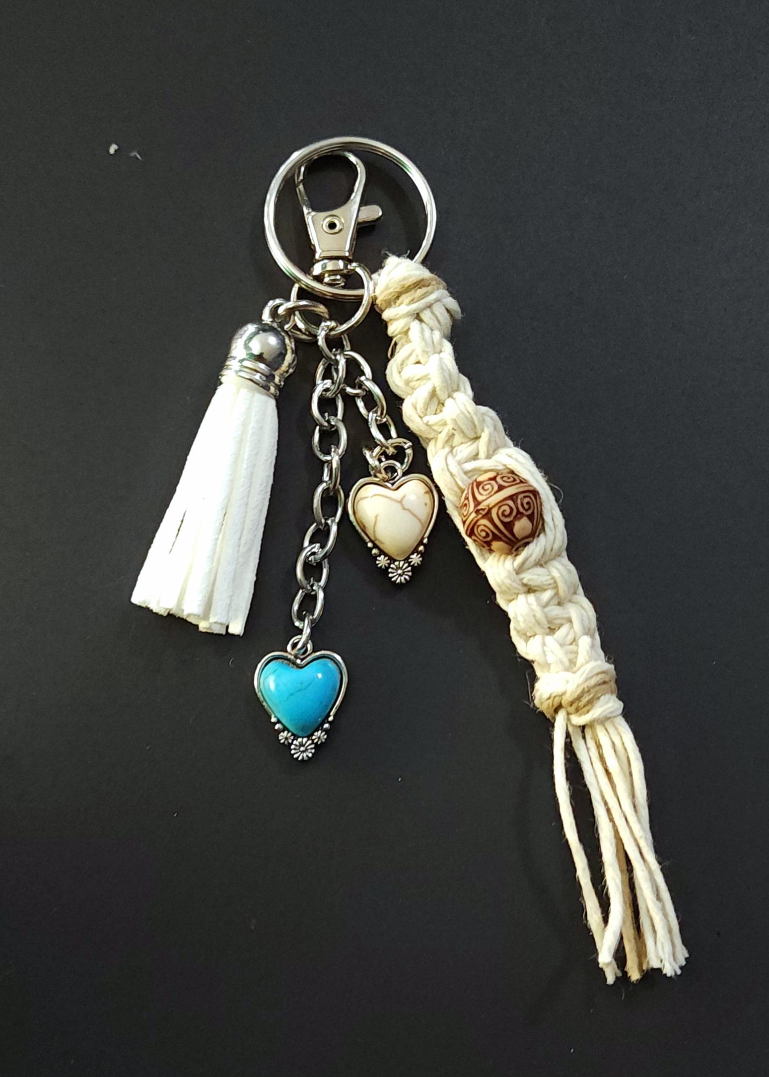 Hemp Keychain with Tassel and Heart Charms - Thumbnail 3