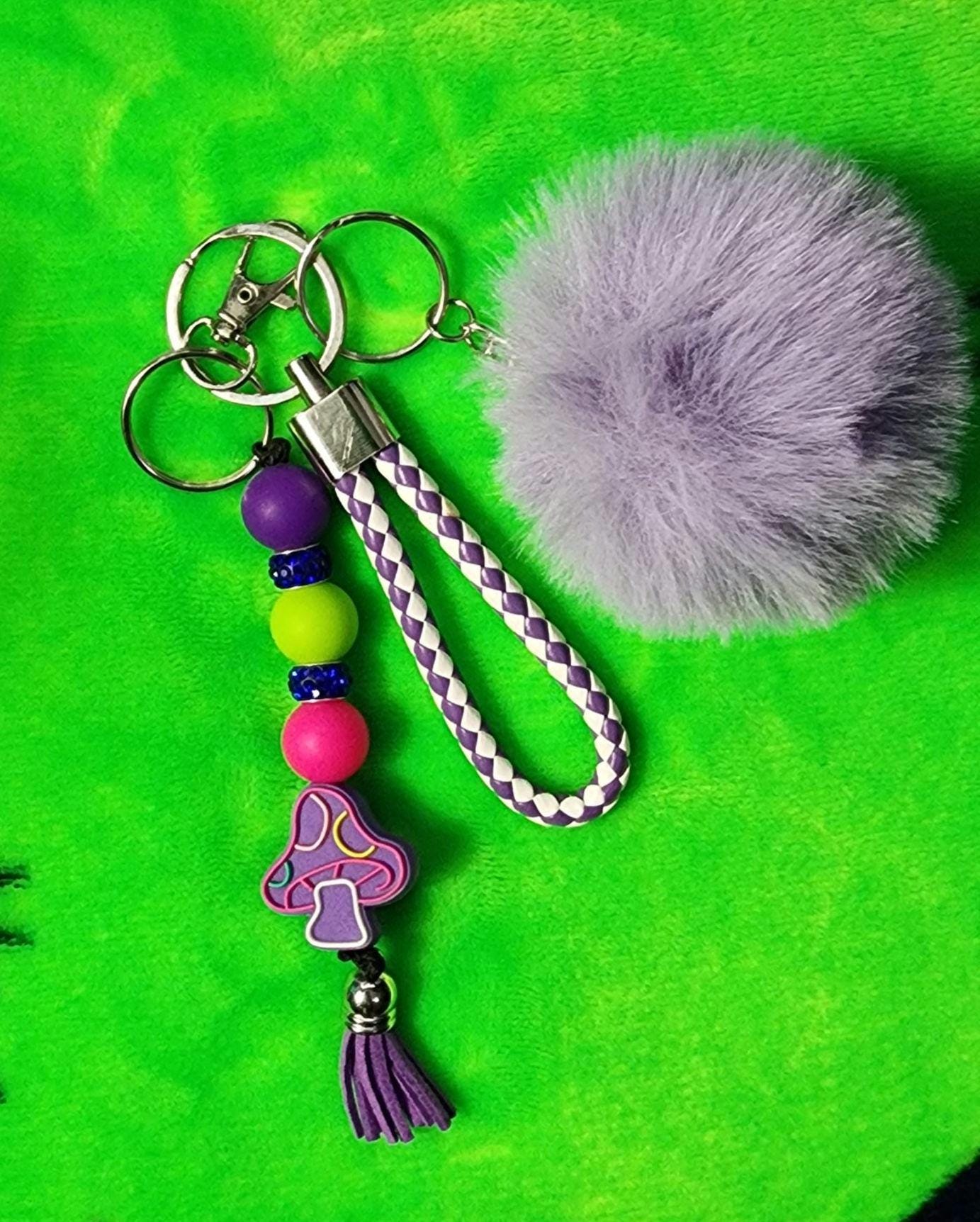 Purple Mushroom Set, Cottagecore Keychain with Lanyard & Pom for Mushroom Lovers - Thumbnail 3