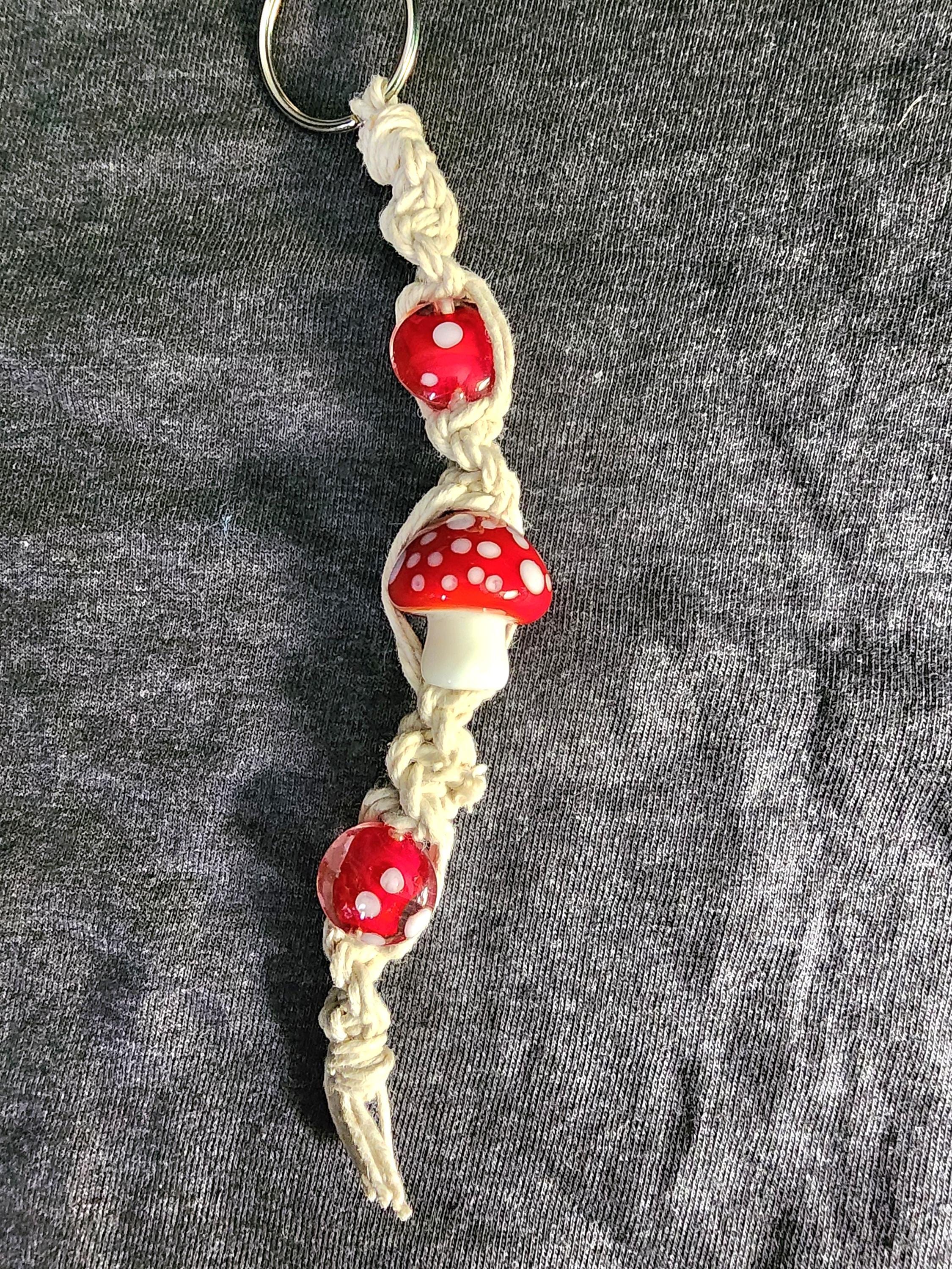 Handmade Hemp Mushroom Keychain with Glass Beads - Thumbnail 3
