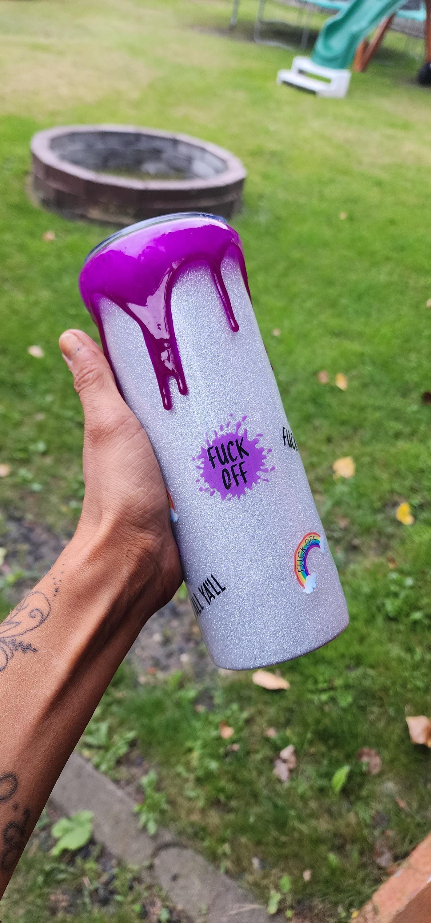 Purple Swear Bear Epoxy Tumbler: Snarky Glitter "Fuck Off" Cup - Thumbnail 2