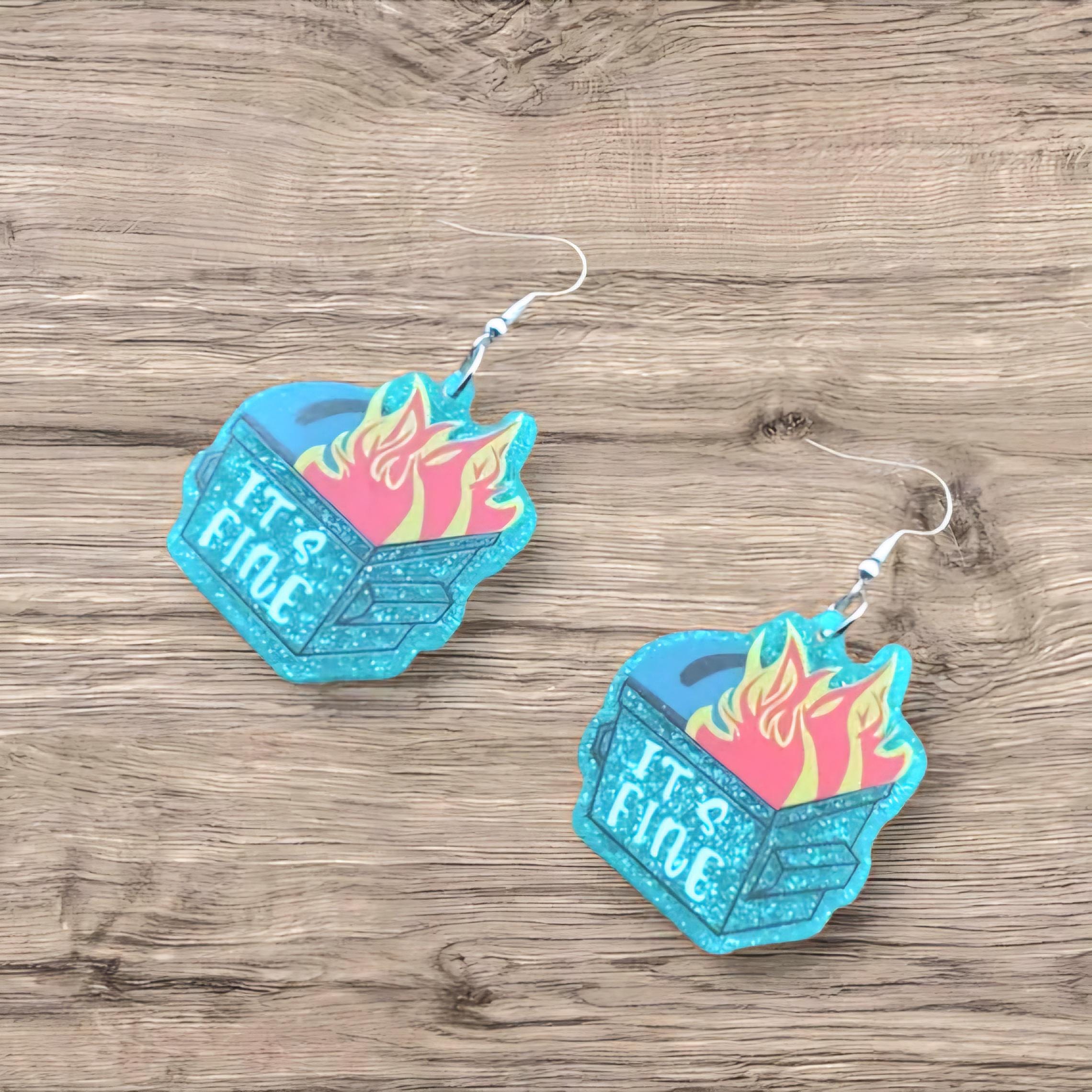 Glittery Blue Dumpster Fire Dangle Earrings – “I’m Fine” – Because Chaos Looks Better with Sparkle - Thumbnail 6